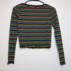 Long Sleeve Rainbow Striped Crop Top w Lettuce Hem